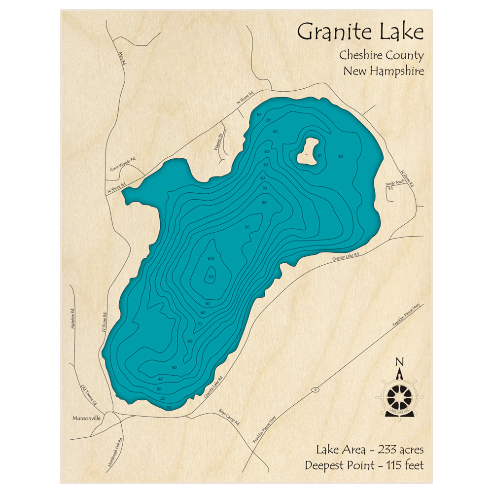 Bathymetric topo map of Granite Lake with roads, towns and depths noted in blue water