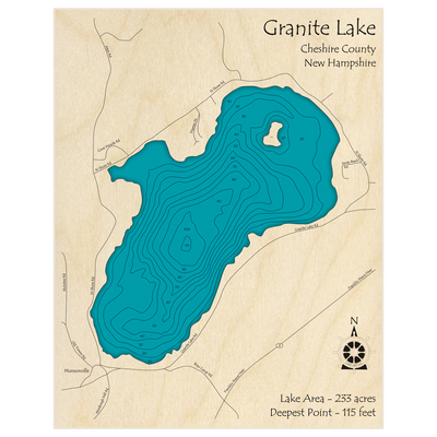 Bathymetric topo map of Granite Lake with roads, towns and depths noted in blue water