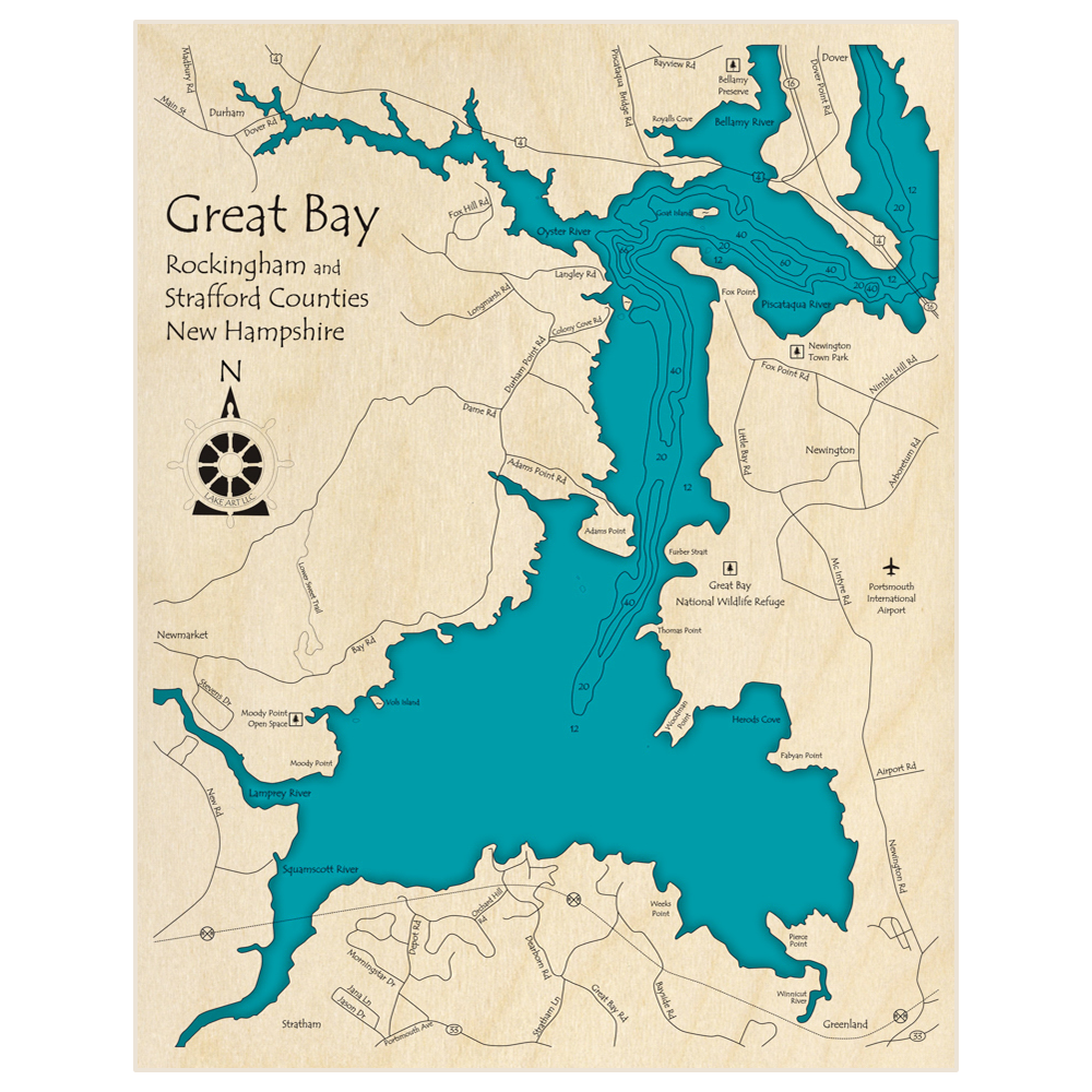 Bathymetric topo map of Great Bay with roads, towns and depths noted in blue water