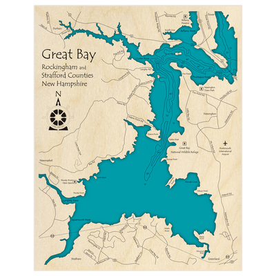 Bathymetric topo map of Great Bay with roads, towns and depths noted in blue water