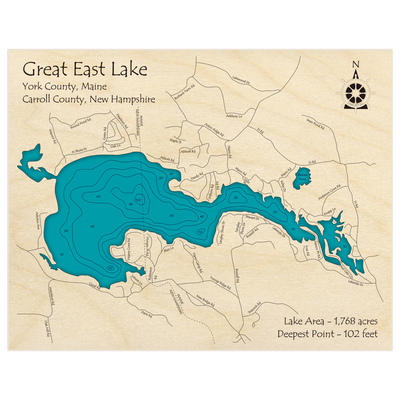 Bathymetric topo map of Great East Lake with roads, towns and depths noted in blue water