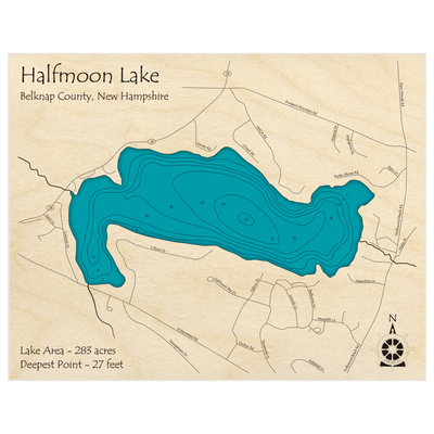 Bathymetric topo map of Halfmoon Lake with roads, towns and depths noted in blue water