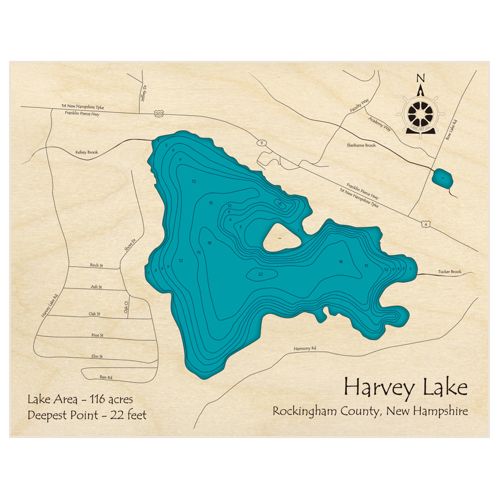 Bathymetric topo map of Harvey Lake with roads, towns and depths noted in blue water