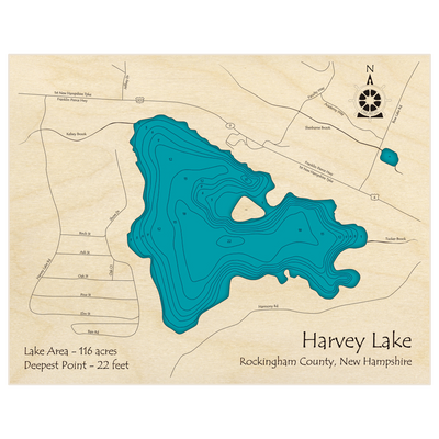 Bathymetric topo map of Harvey Lake with roads, towns and depths noted in blue water