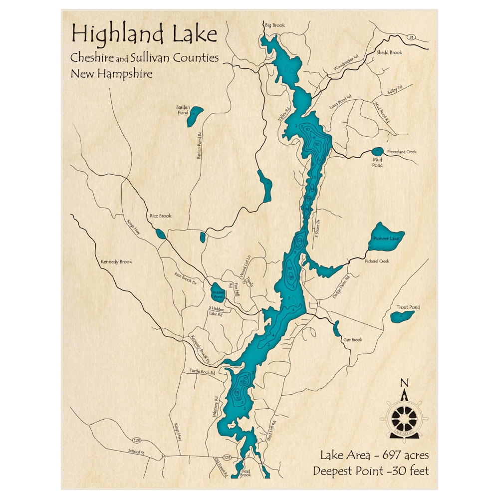 Bathymetric topo map of Highland Lake with roads, towns and depths noted in blue water