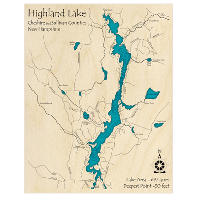 Bathymetric topo map of Highland Lake with roads, towns and depths noted in blue water