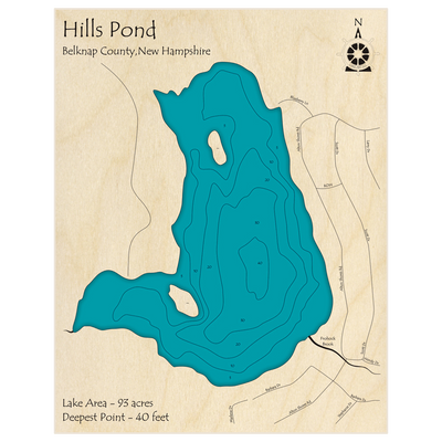 Bathymetric topo map of Hills Pond with roads, towns and depths noted in blue water