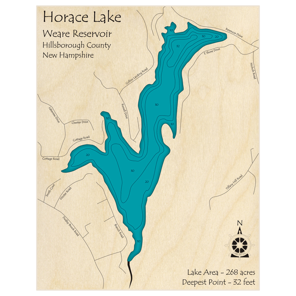 Bathymetric topo map of Horace Lake - Weare Reservoir with roads, towns and depths noted in blue water