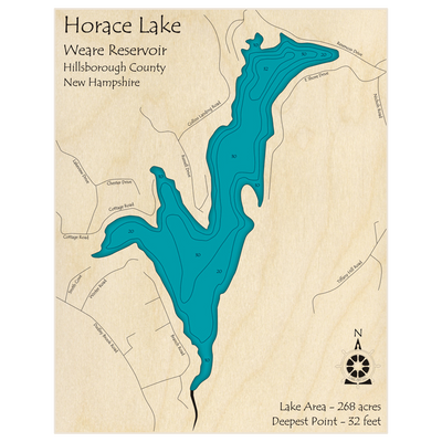 Bathymetric topo map of Horace Lake - Weare Reservoir with roads, towns and depths noted in blue water