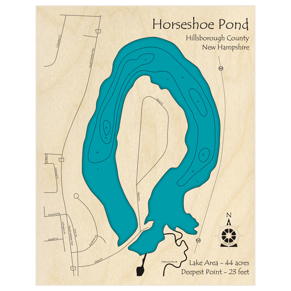 Bathymetric topo map of Horseshoe Pond with roads, towns and depths noted in blue water