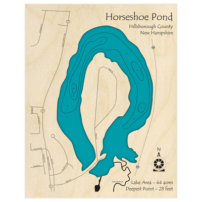 Bathymetric topo map of Horseshoe Pond with roads, towns and depths noted in blue water