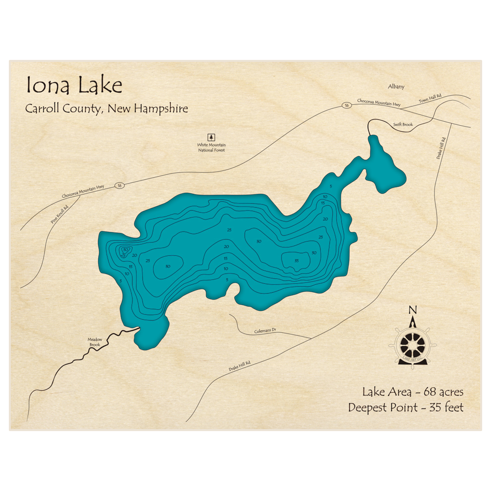 Bathymetric topo map of Iona Lake with roads, towns and depths noted in blue water