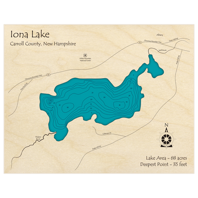 Bathymetric topo map of Iona Lake with roads, towns and depths noted in blue water