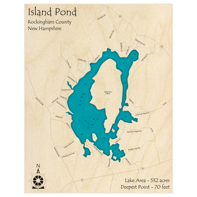 Bathymetric topo map of Island Pond with roads, towns and depths noted in blue water