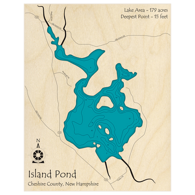 Bathymetric topo map of Island Pond with roads, towns and depths noted in blue water