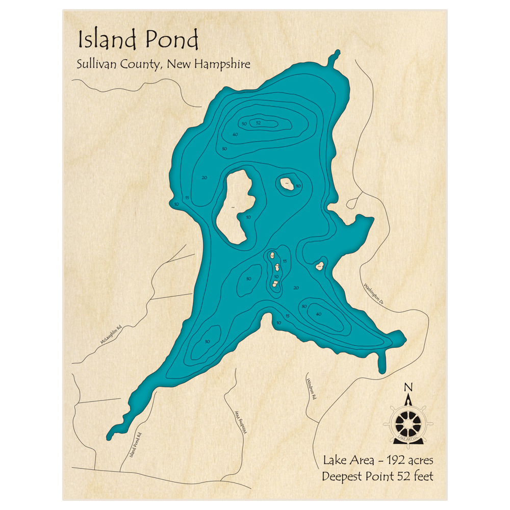 Bathymetric topo map of Island Pond with roads, towns and depths noted in blue water