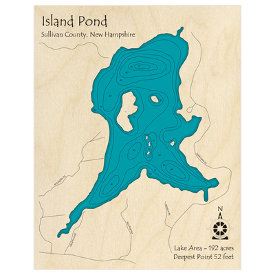 Bathymetric topo map of Island Pond with roads, towns and depths noted in blue water