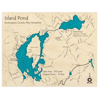 Bathymetric topo map of Island Pond and Wash Pond with roads, towns and depths noted in blue water