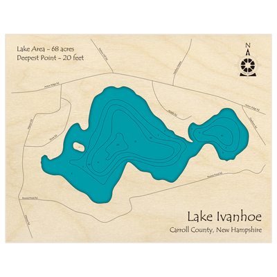 Bathymetric topo map of Lake Ivanhoe with roads, towns and depths noted in blue water