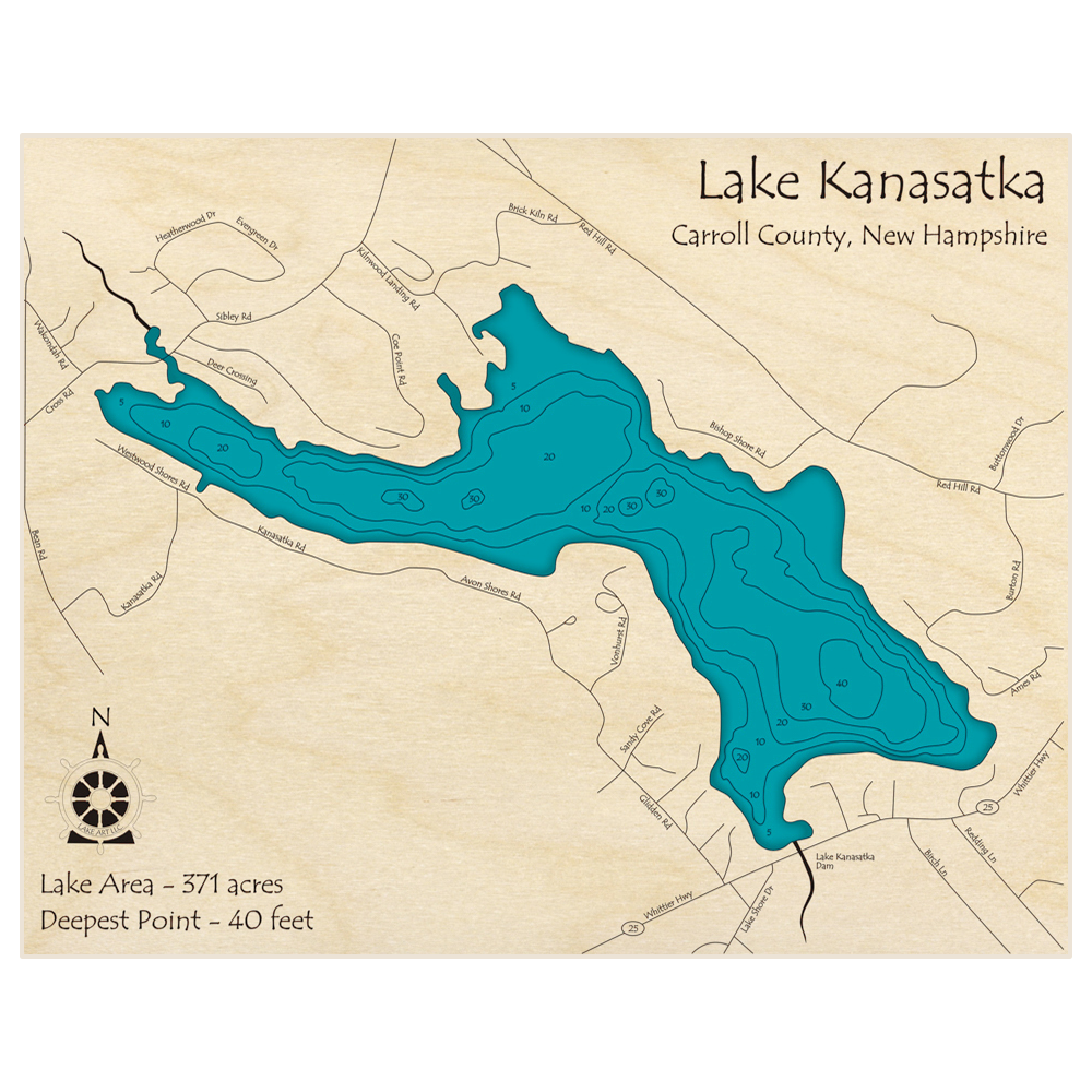 Bathymetric topo map of Lake Kanasatka with roads, towns and depths noted in blue water