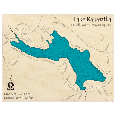 Bathymetric topo map of Lake Kanasatka with roads, towns and depths noted in blue water