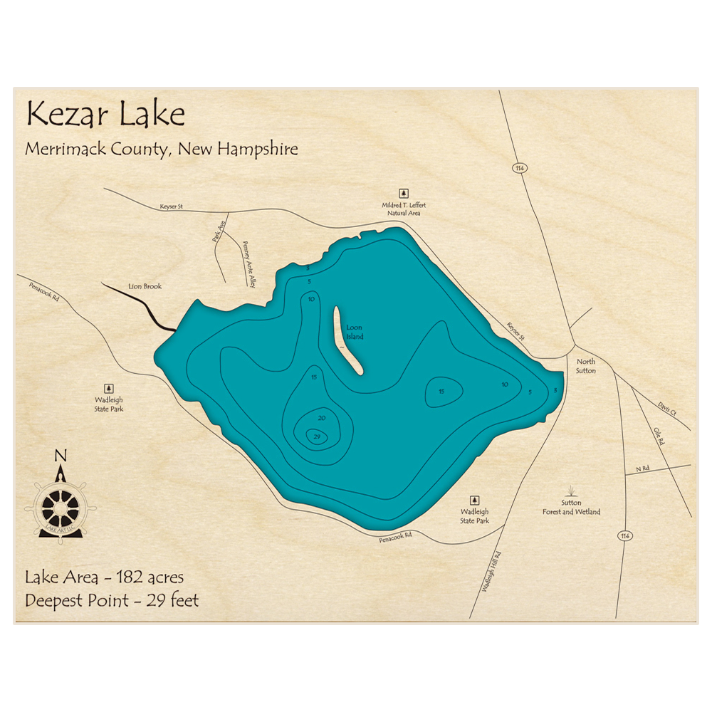 Bathymetric topo map of Kezar Lake with roads, towns and depths noted in blue water