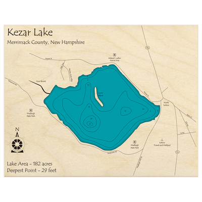 Bathymetric topo map of Kezar Lake with roads, towns and depths noted in blue water