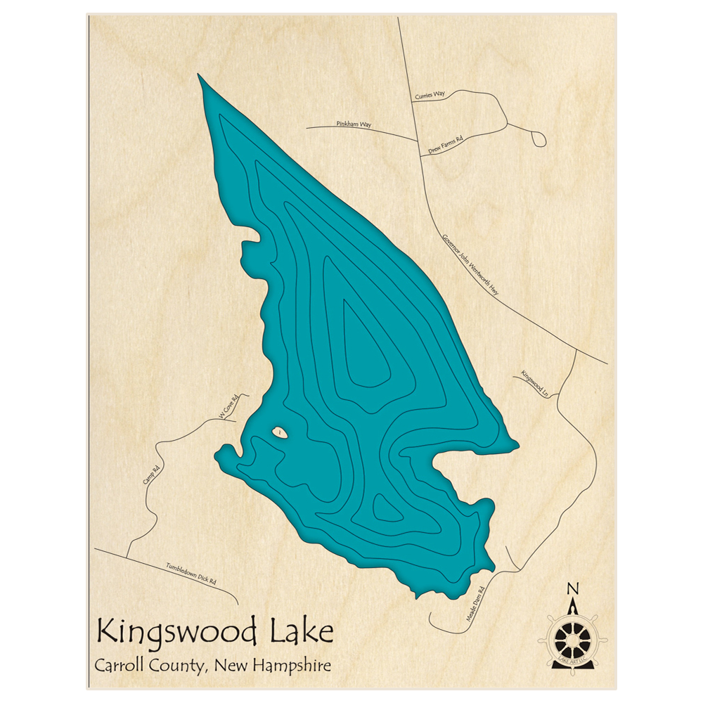 Bathymetric topo map of Kingswood Lake  with roads, towns and depths noted in blue water