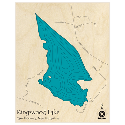 Bathymetric topo map of Kingswood Lake  with roads, towns and depths noted in blue water