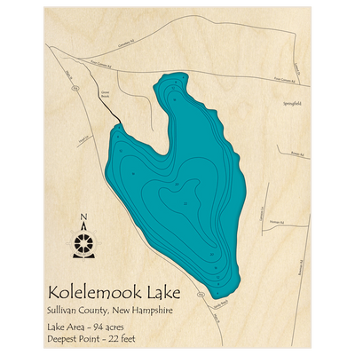 Bathymetric topo map of Kolelemook Lake with roads, towns and depths noted in blue water