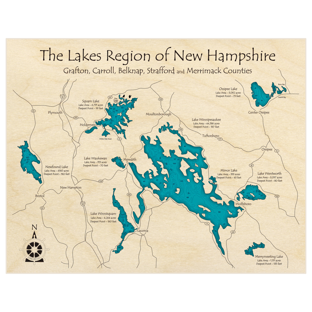 Bathymetric topo map of Lakes Region (Newfound Winnisquam Squam Winnipesaukee Wentworth) with roads, towns and depths noted in blue water