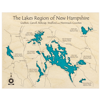 Bathymetric topo map of Lakes Region (Newfound Winnisquam Squam Winnipesaukee Wentworth) with roads, towns and depths noted in blue water