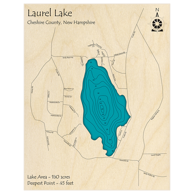 Bathymetric topo map of Laurel Lake with roads, towns and depths noted in blue water