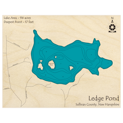 Bathymetric topo map of Ledge Pond with roads, towns and depths noted in blue water