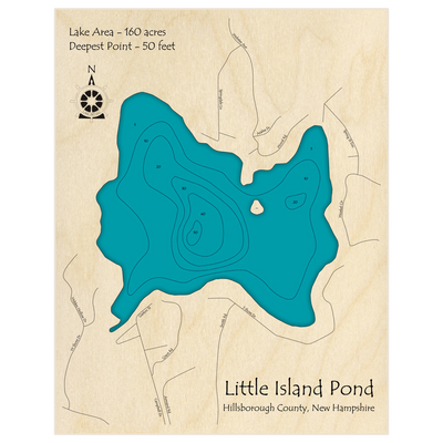 Bathymetric topo map of Little Island Pond with roads, towns and depths noted in blue water