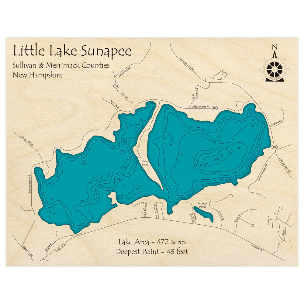 Bathymetric topo map of Little Lake Sunapee with roads, towns and depths noted in blue water