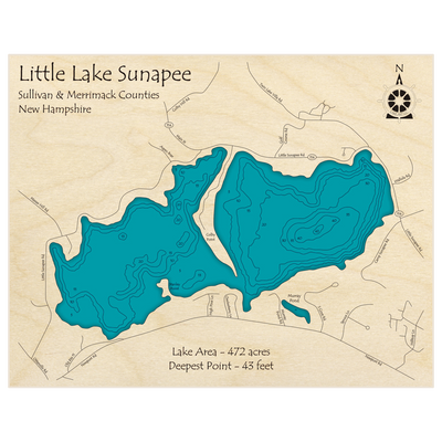 Bathymetric topo map of Little Lake Sunapee with roads, towns and depths noted in blue water