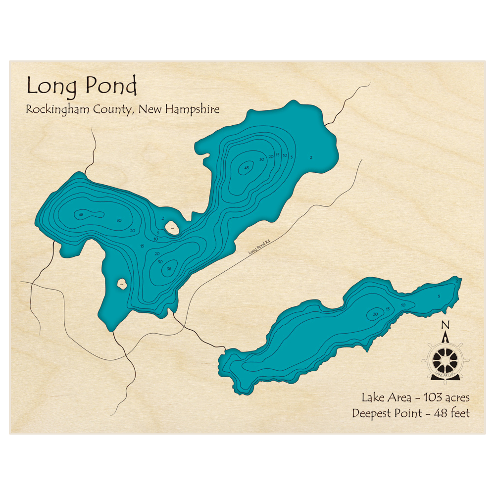 Bathymetric topo map of Long Pond (with Little Bow Pond) with roads, towns and depths noted in blue water