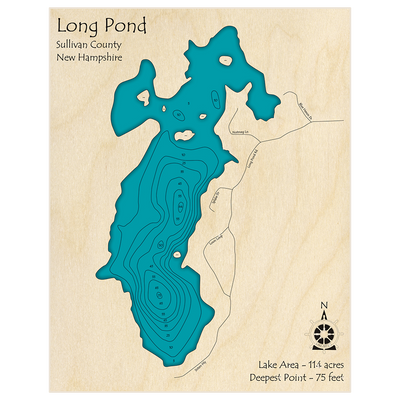 Bathymetric topo map of Long Pond with roads, towns and depths noted in blue water