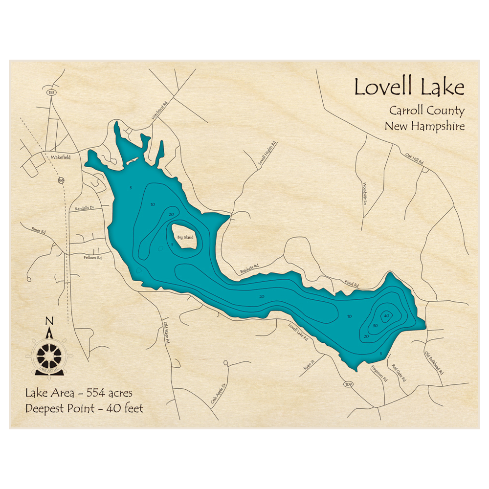 Bathymetric topo map of Lovell Lake with roads, towns and depths noted in blue water