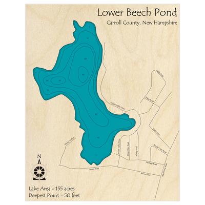 Bathymetric topo map of Lower Beech Pond with roads, towns and depths noted in blue water