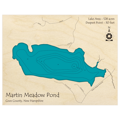 Bathymetric topo map of Martin Meadow Pond with roads, towns and depths noted in blue water