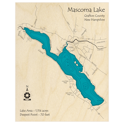 Bathymetric topo map of Mascoma Lake with roads, towns and depths noted in blue water