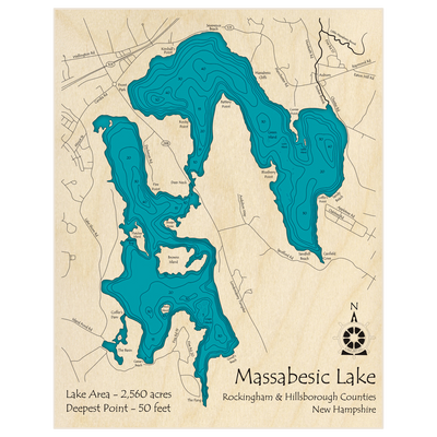 Bathymetric topo map of Massabessic Lake with roads, towns and depths noted in blue water