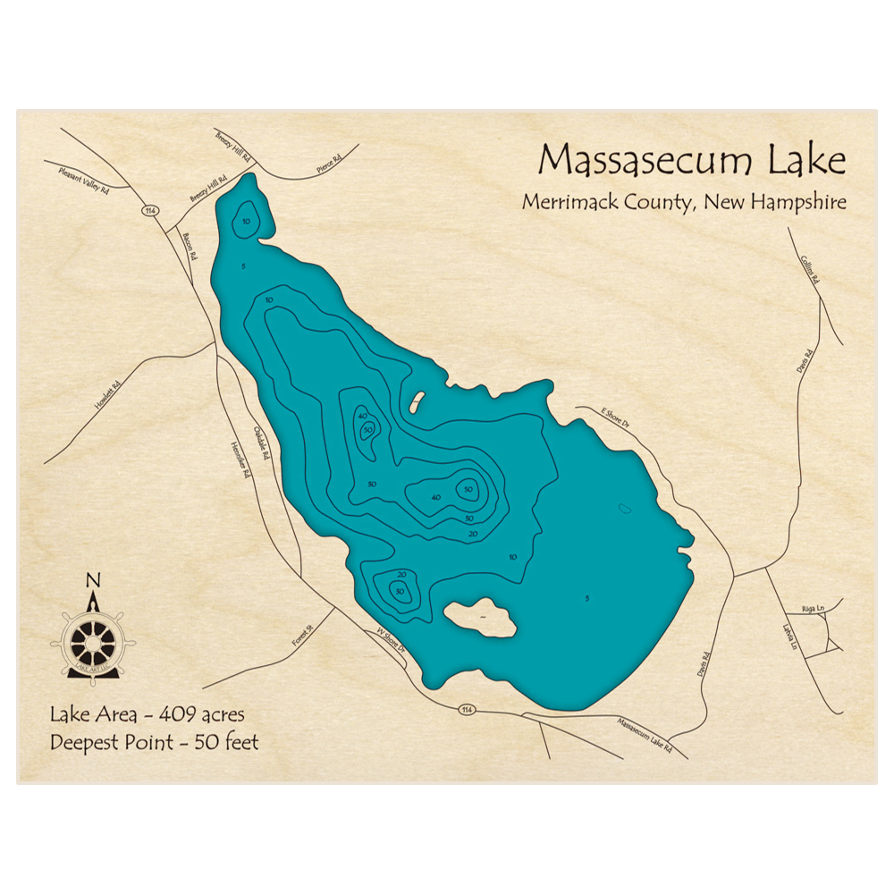 Bathymetric topo map of Massasecum Lake with roads, towns and depths noted in blue water