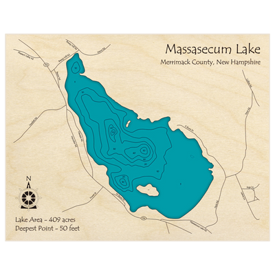 Bathymetric topo map of Massasecum Lake with roads, towns and depths noted in blue water