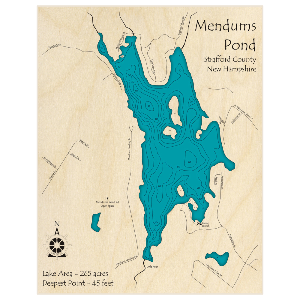 Bathymetric topo map of Mendums Pond with roads, towns and depths noted in blue water