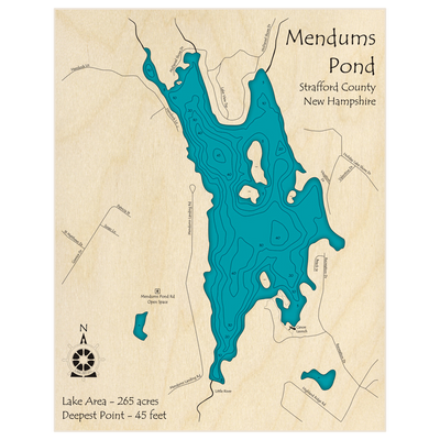 Bathymetric topo map of Mendums Pond with roads, towns and depths noted in blue water