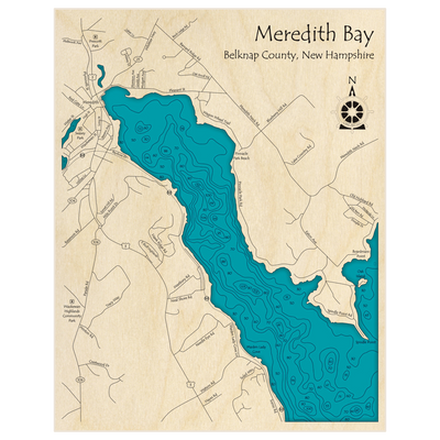 Bathymetric topo map of Meredith Bay with roads, towns and depths noted in blue water