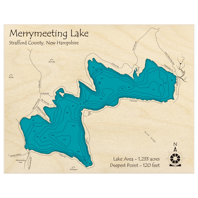 Bathymetric topo map of Merrymeeting Lake with roads, towns and depths noted in blue water